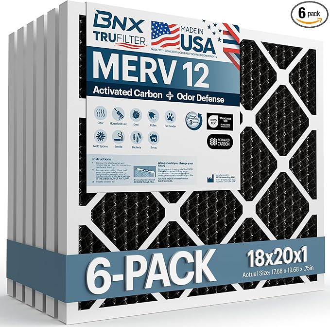 BNX TruFilter 18x20x1 MERV 12 Odor Defense (6-Pack) AC Furnace Air Filter with Activated Carbon - MADE IN USA - Pleated Air Conditioner HVAC AC Furnace Filters - Removes Odor, Mold, Bacteria, Smoke
