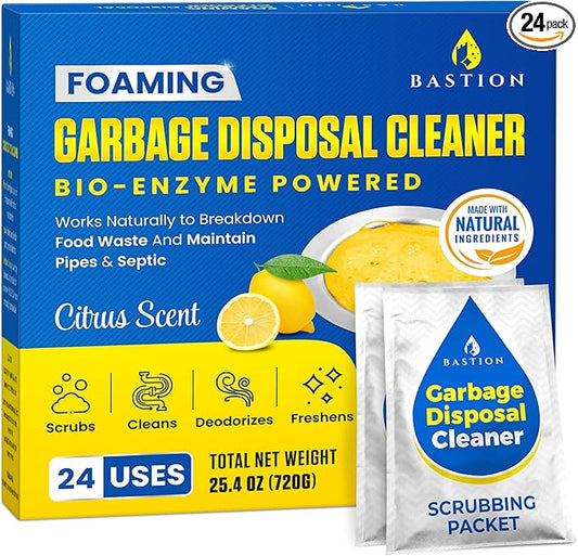 Garbage Disposal Cleaner and Deodorizer - 24-Count (1-Year Supply) Foaming Lemon Scented Kitchen Sink Freshener Pods & Drain Odor Eliminator Disposer Care by Bastion