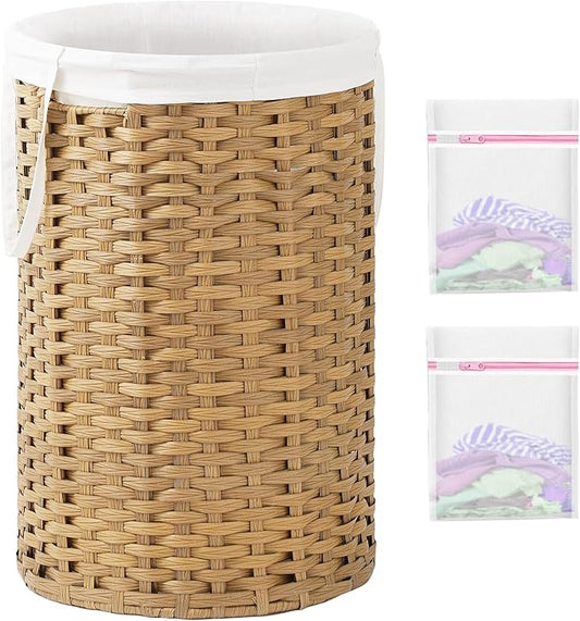 34.3 Gal (130 L) Large Laundry Hamper Laundry Basket Round Handwoven Wicker Laundry Baskets Rattan Laundry Basket with Removable Bag Handles 2 Mesh Bags for Living Room Bedroom Natural