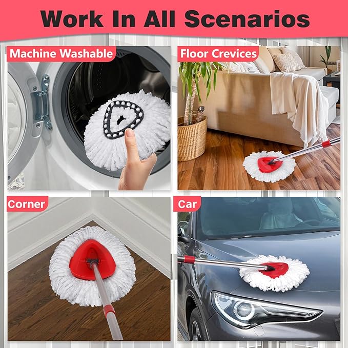 Mop Heads Replacements Complete Combo for O-Ceda,4Pcs White Machine Washable Microfiber Spin Mop Refills Replace Heads,2 Scrub Brushs,1 Base,1 Set Handle,Spin Mop Replacements for Tub and Tile
