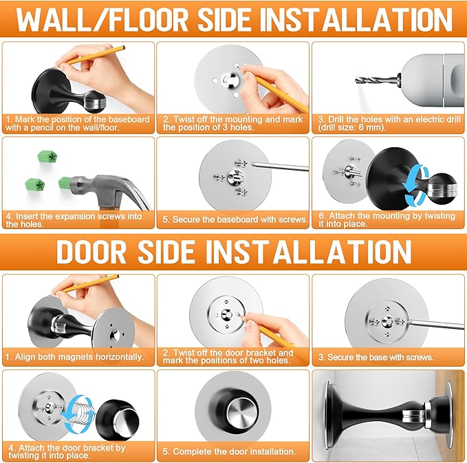 Crosize Magnetic Door Stoppers 2 Pack, Stainless Steel Door Catch for Wall and Floor Mounting, Door Holder Keep Door Open, No Drilling Door Stop with Adhesive Tapes, White