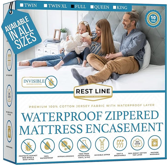Full/Double 54x75” Premium Waterproof Zippered Mattress Encasement, 100% Cotton, Hypoallergenic, Six Sided Mattress Cover, Invisible Zippered, Soft Breathable up to 15" Deep - Rest Line