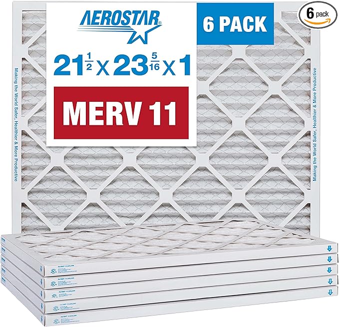 Aerostar 21 1/2x23 5/16x1 MERV 11 Pleated Air Filter, AC Furnace Air Filter, 6 Pack (Actual Size: 21 1/2" x 23 5/16" x 3/4")