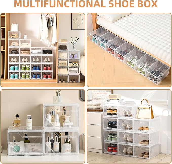 Modular XX-Large Shoe Organizer,Shoe Storage Organizer,10 Pack Shoe Box Clear Plastic Stackable,Drop Front Shoe Box with magnetic Door, Containers For Sneaker,Fit up to US Size 15