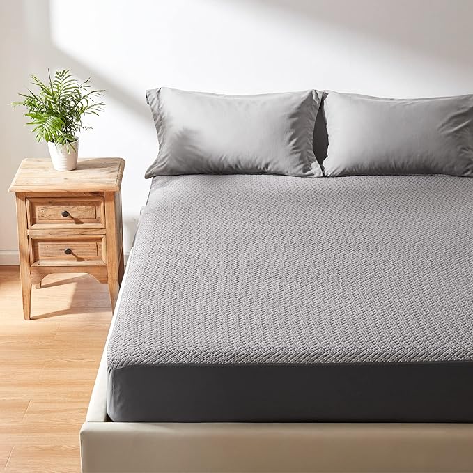 Hanherry 100% Waterproof Queen Size Mattress Protector, Grey, Rayon Made from Bamboo Terry Surface, 3D Air Fabric, 16 inch Deep Pocket, Cooling, Noiseless, Smooth, Breathable, Fits 21 inches
