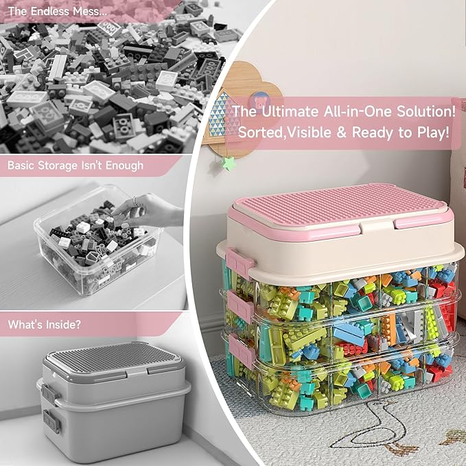 Toy Storage Organizer Box with Handle, Stackable Building Block Toy Box with Building Plate Lid & Removable Sorting Trays, Cubby Bins and Containers 3 Layer (Pink)