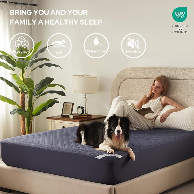BEDLORE Waterproof Mattress Protector, Full Size Noiseless Mattress Pad with Deep Pocket 6"-15" Depth, Soft Breathable Bed Mattress Cover Washable for Home, Bedroom, Hotel (Navy Blue)