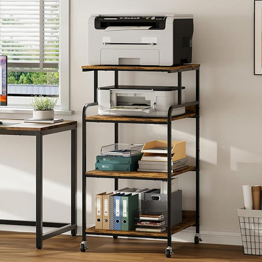 Warmiehomy 4 Tier 24" x 24" Printer Stand with Adjustable Storage Shelf - Large Tall Printer Table with Wheels - Rolling Cart for 3D Laser Printer - Home Office Small Spaces Organization (Brown)