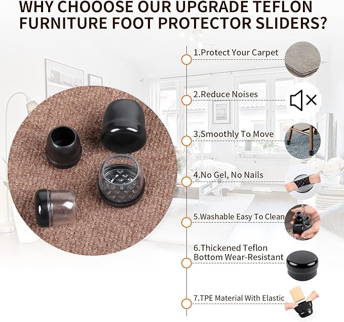 Ezprotekt 24 Pcs Black Chair Leg Sliders for Carpet, Round Teflon Furniture Glides for Rug, Carpet Sliders Protectors Caps for Couch, Dining Table Chair, Bar Stool Legs (L Fit: 1-1/10" to 1-3/10")