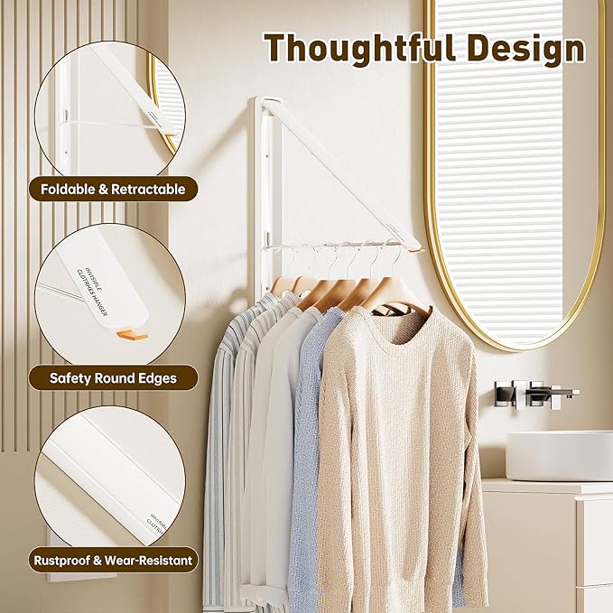 Clothes Drying Rack, Laundry Room Wall Mounted Retractable Clothes Hanger Drying Rack, Laundry Clothing Drying Rack Folding Indoor or Outdoor, Easy Installation Aluminium Dryer, 2pcs(White)