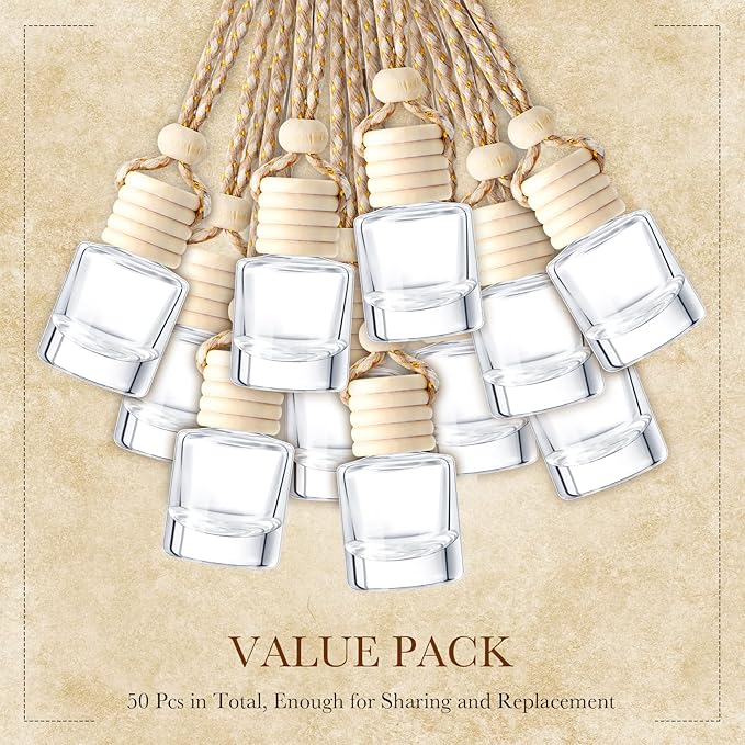 BBTO 50 Pcs Hanging Car Air Freshener Car Diffuser Bottles Empty Glass Perfume Bottle Freshener Diffuser Bottle Pendant for Essential Oil Fragrance Aromatherapy Bottle Ornament (Cylinder)