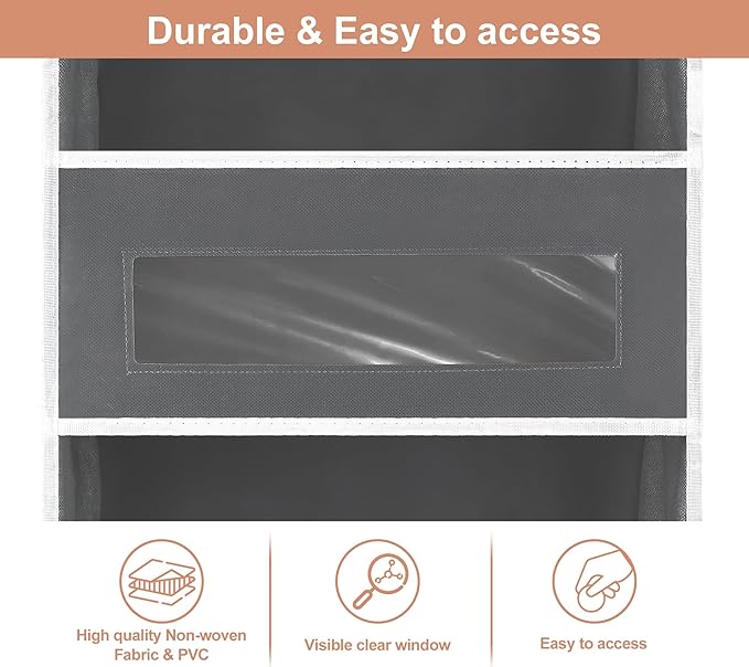 3 Packs 5-Tier Over the Door Storage Organizer with 10 Side Mesh Pockets, 48 lbs Load Capacity, 3 Hooks Design, Hanging Organizer with Clear Windows for Bathroom, Bedroom, Nursery, Kitchen-Grey