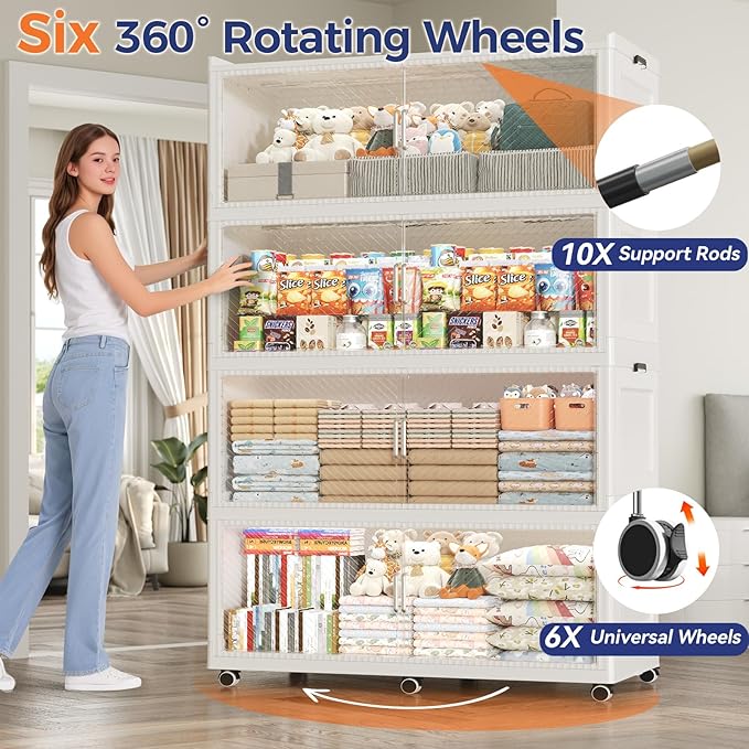 150GAL Extra Large Storage Bins with Lid, 600QT Collapsible Organizer with Wheels, Stackable Closet Cabinet with Doors, Folding Storage Containers for Home, Office, Dorm, 3Pack White