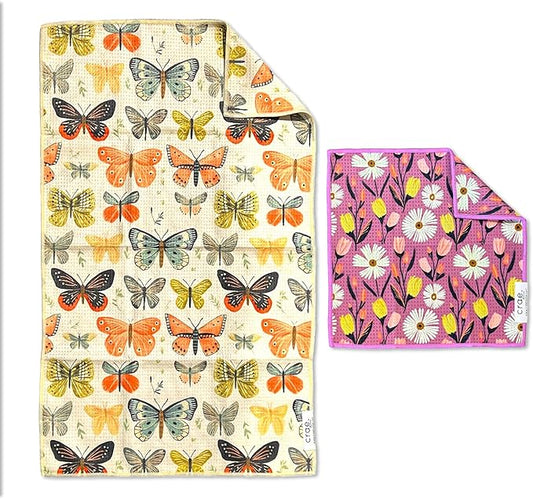 Microfiber Hand Towel & Washcloth Set of 2 - Double-Sided, Waffle Weave, Super Absorbent, Lint-Free, Fast Drying - Wings & Flower Farm Pattern for Bathroom, Kitchen, Car, and Window Cleaning