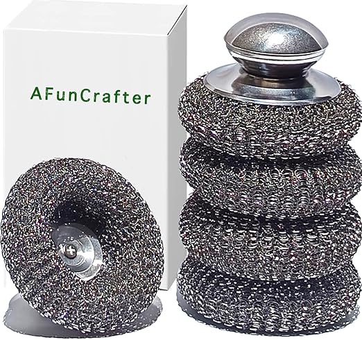 Steel Wool Scrubber with 2 Handles & 3 Replacement Wire Sponge(Scouring Pads) - Stainless Metal Cleaner Heavy Duty Brush for Pots, Pans, Cast Iron, Grill, Sink, Dishes, Stove, Kitchen Deep Clean