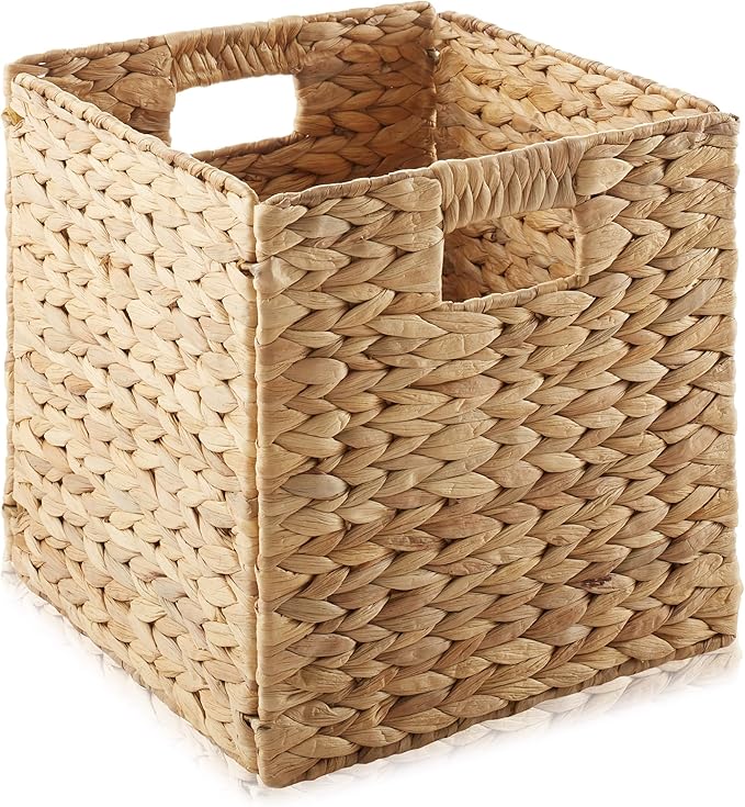 Casafield 10.5" x 10.5" Water Hyacinth Storage Baskets, Natural - Set of 2 Collapsible Cube Organizers, Woven Bins for Bathroom, Bedroom, Laundry, Pantry, Shelves