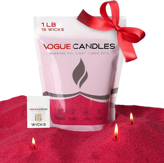 Vogue Candles 1LB Candle Sand with 15 Wicks | Plant-Based Refillable Wax Granules for DIY Candle Making | Clean Burning, Unscented, Smoke-Free, Vegan Candle Refill Kit- Red