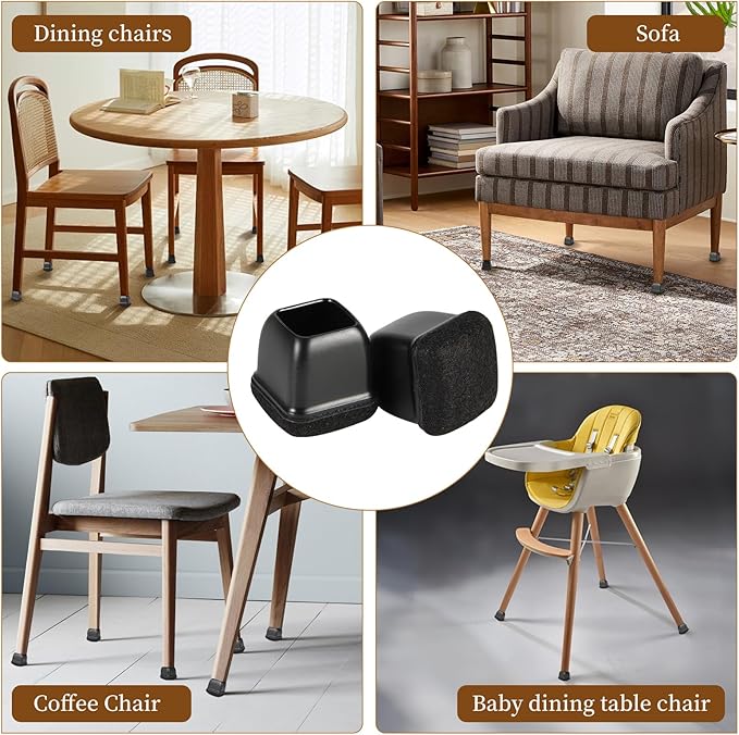 Square Chair Leg Floor Protectors Medium 24Pcs,Silicone Chair Leg Protectors for Hardwood Floors/Tiles,Black 360°Wrapped Felt Bottom to Prevent Scratch and Reduce Noise