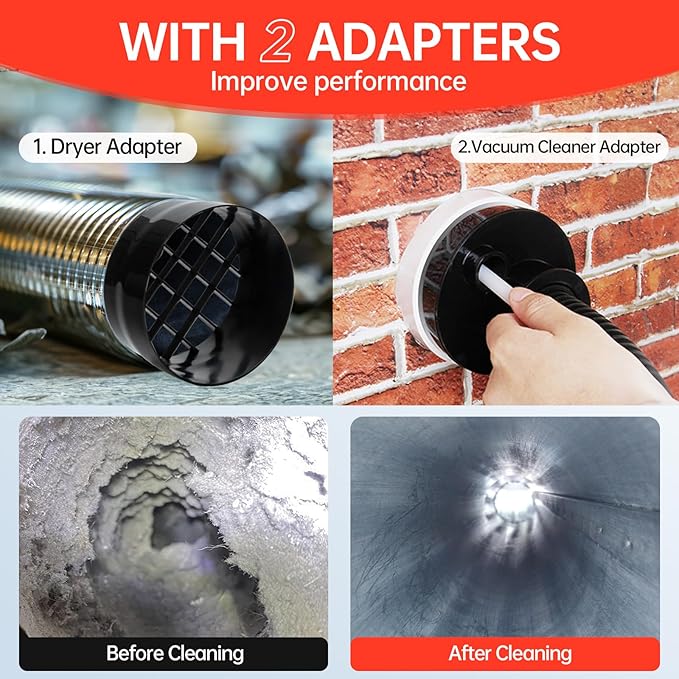 Dryer Vent Cleaner Kit, Bluesea 33-Piece Omnidirectional Dryer Cleaning Kit Include 35 Feet Dryer Vent Brush, Upgrade Noiseless Dryer Lint Vacuum Attachment, Lint Trap Brush, Vacuum & Dryer Adapters