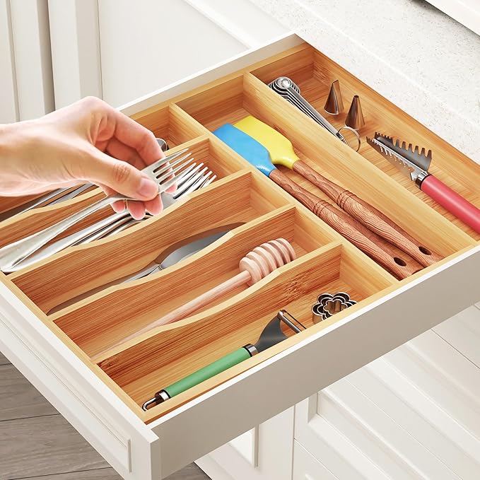 BAMEOS Bamboo Silverware Drawer Organizers, 11.9 inch Utensil Drawer Organizer for Kitchen Drawers, 7 Slots Total Large Flatware Organizer for Knives Cutlery Spoons Forks (Natural)