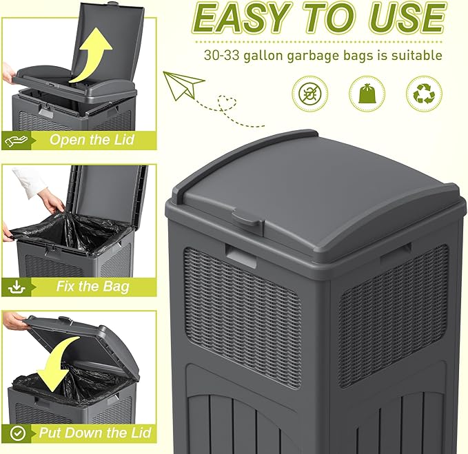 Greesum 33 Gallon Outdoor Trash Can with Lid, Waterproof Resin Garbage Bin for Hideaway, Deck, Patio, 3 Pack, Gray