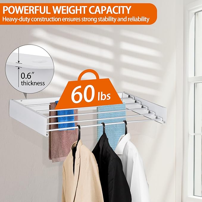 FOCHIER F Laundry Drying Rack Wall Mounted Clothes Drying Rack Collapsible with 4 Aluminum Rods and Drilling Template Long Screwdriver Bit 60 lbs Capacity (White, 40")