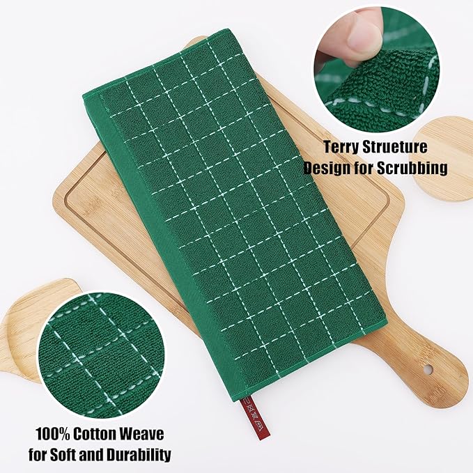Homaxy 100% Cotton Terry Kitchen Towels(Dark Green, 13 x 28 inches), Checkered Designed, Soft and Super Absorbent Dish Towels, 6 Pack