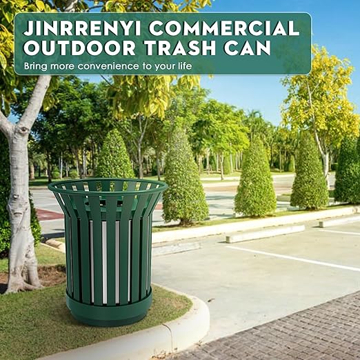 Round Heavy Duty Outdoor Trash Can, Large Metal Slatted Garbage Can for All Weather Resistant, Commercial Garbage Cans, Waste Receptacle in Park, Beach, Patio (Green, Large)