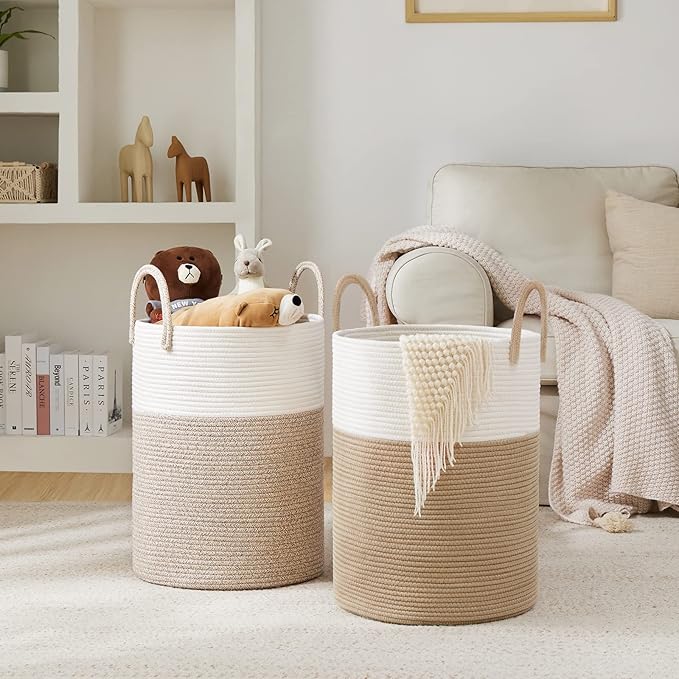 YOUDENOVA Woven Rope Laundry Hamper Basket, 72L Tall Luandry Basket, Baby Nursery Hamper for Blanket Storage in Bedroom-Large-Brown