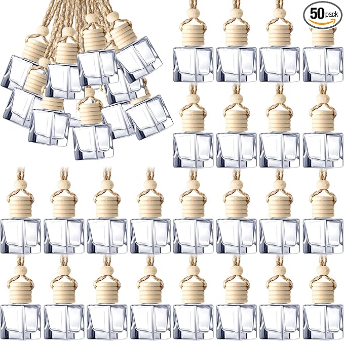 BBTO 50 Pcs Hanging Car Air Freshener Car Diffuser Bottles Empty Glass Perfume Bottle Freshener Diffuser Bottle Pendant for Essential Oil Fragrance Aromatherapy Bottle Ornament(Cube)
