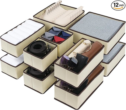 Cupic Cupid Drawer Organizer, Dresser Organizers, Foldabe Drawer Organizer Clothes, Closet Organization and Storage Dividers for Socks, Underwear and Diaper, Set of 12, Beige