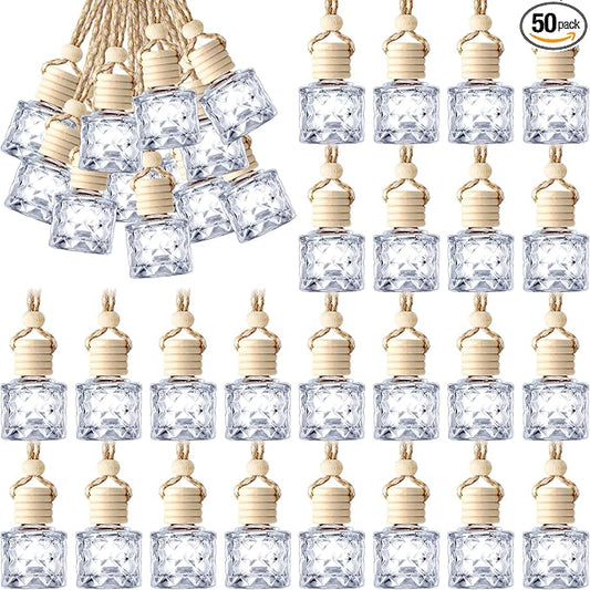 BBTO 50 Pcs Hanging Car Air Freshener Car Diffuser Bottles Empty Glass Perfume Bottle Freshener Diffuser Bottle Pendant for Essential Oil Fragrance Aromatherapy Bottle Ornament(Diamond)