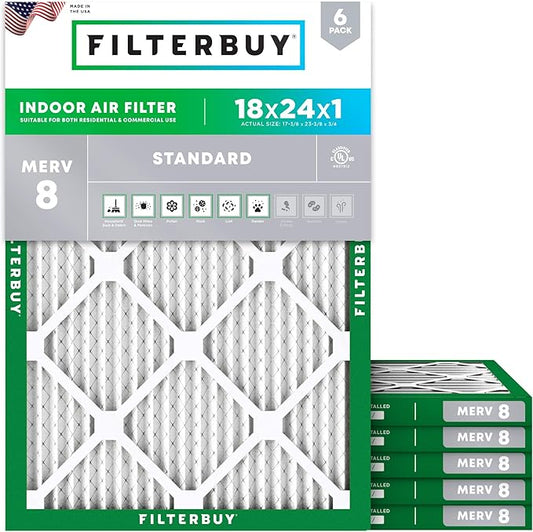 Filterbuy 18x24x1 Air Filter MERV 8 (MPR 700) Dust Defense Replacement (6-Pack), Electrostatic Pleated HVAC AC Furnace Filters, Made in USA (Actual Size: 17.38 x 23.38 x 0.75)