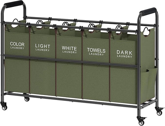 Tajsoon 5 Sections Laundry Sorter, Laundry Hamper with Heavy Duty Lockable Wheels and Removable Bags, 5 Bag Laundry Sorter Cart for Dirty Clothes Storage, Laundry Separator Hamper, Green