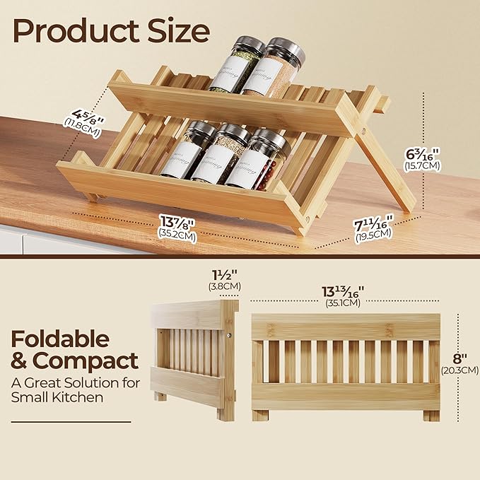MUDEELA Bamboo Spice Rack Organizer for Cabinet, X-Shaped Foldable Spice Organization, 2 Tier Seasoning Organizer for Kitchen Counter