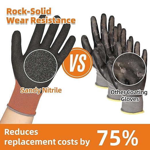Schwer 12 Pairs Safety Work Gloves with Sandy Nitrile Coating , A1 Cut Resistant Heavy Duty Working Gloves with Grip for Men and Women, Ideal for General Use, Mechanic, Construction, Gardening, L