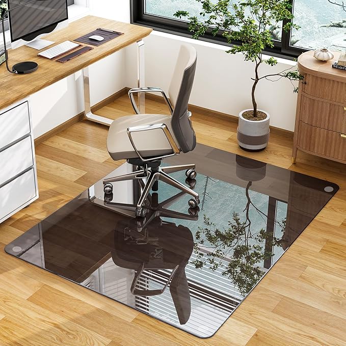 GLSLAND Office Chair Mat, 36" x 46" Grey Tempered Glass Floor Mat for Office Chair on Carpet, 1/6" Thick Computer Floor Mat with 4 Anti-Slip Pads