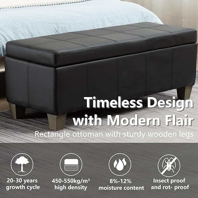 Black Faux Leather Ottoman with Storage, Rectangular Extra Long Storage Bench for Bedroom and Living Room