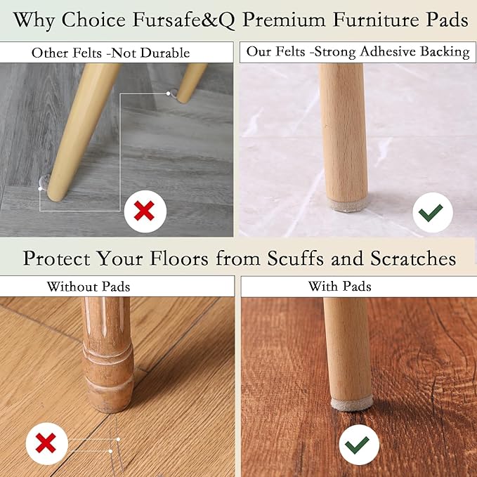Fursafe&Q Felt Furniture Pads for Hardwood Floors - Self Adhesive Chair Felt Pad, Furniture Feet Floor Protectors, Protect from Nicks, Dents and Scratches, Cabinet Door Bumper128 Pcs Chair Feet