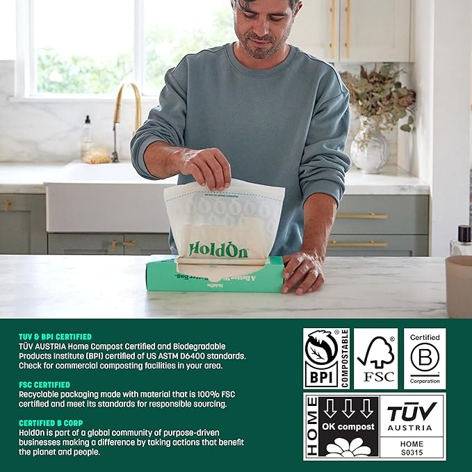HoldOn Zipseal Gallon Bags - Compostable, PFOA-Free, BPA-Free, Food-Safe Zip Seal Food Storage Bags/Freezer-Safe Gallon Bags With Secure Seal for Home & Travel (25 bags total)