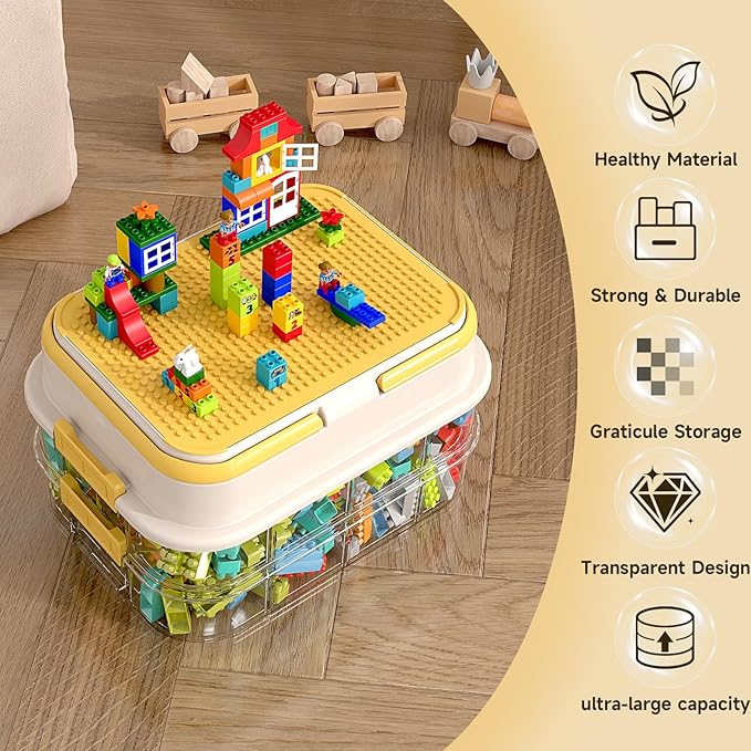 Toy Storage Organizer Box with Handle, Stackable Building Block Toy Box with Building Plate Lid & Removable Sorting Trays, Cubby Bins and Containers 1 Layer (Lemon)