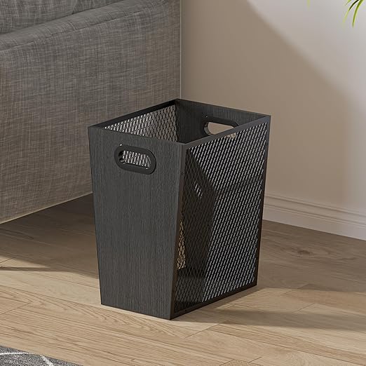 Piskyet Black Office Trash Can for Near Desk, 4.5 Gallon Unique Wood Bedroom Garbage Can,Vintage Wastebasket with Handle, Decorative Trash Can for Home Office,10.8" L x 7.8" W x 11.8" H