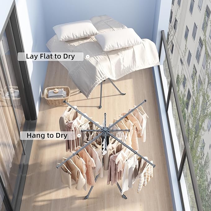 BIREN Clothes Drying Rack Foldable Extending Laundry Rack with 16 Clips Collapsible Clothing Rack Space-Saving Clothing Racks for Hanging Clothes, Indoor, Camping, Balcony, Outdoor