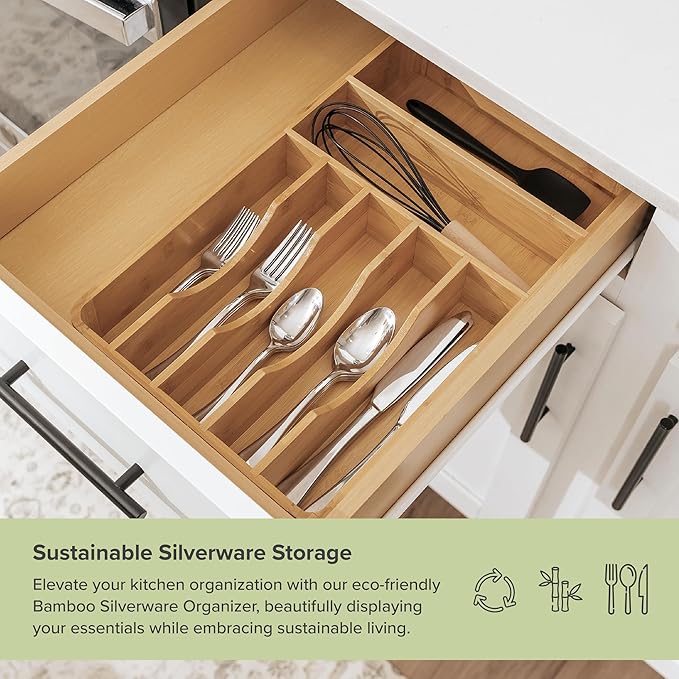 KitchenEdge Silverware Organizer - Cutlery, Flatware, and Utensil Holder for Kitchen Drawers, Fixed 10.5” Width, 7 Storage Compartments, Non-Slip Feet, Rounded Corners, 100% Bamboo