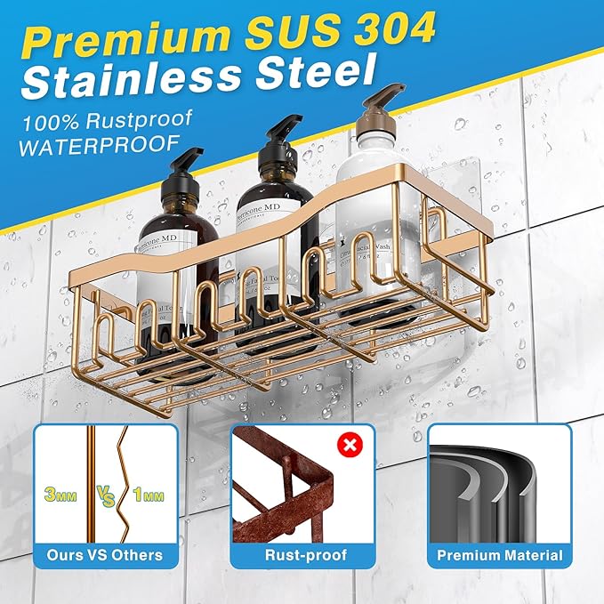 EUDELE 5-Pack Rustproof Stainless Steel Shower Caddy – No Drill Adhesive Bathroom Organizer with Large Capacity, Spacious Shower Shelves for Inside Shower, Kitchen & Home Decor Storage-XL Size