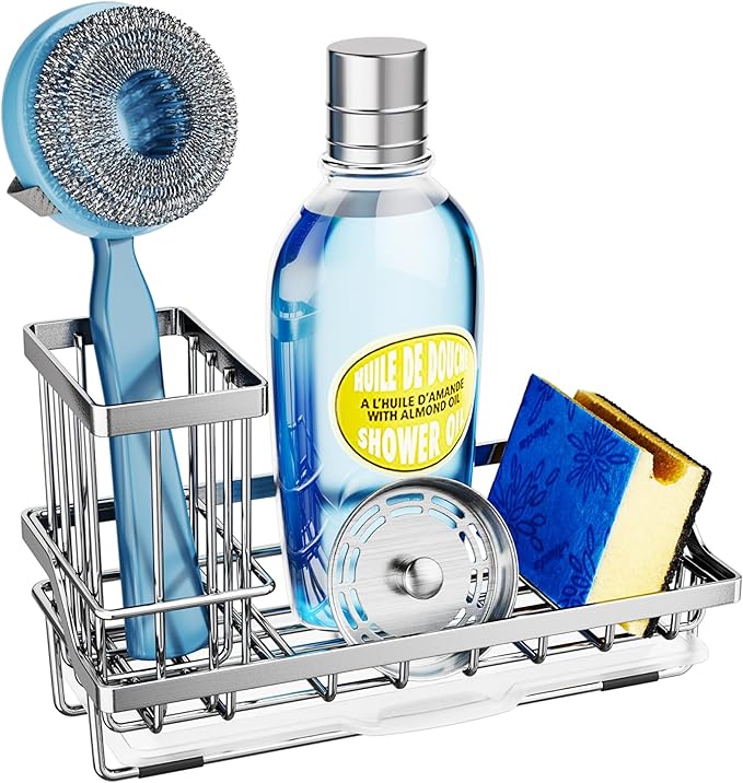 SWTYMIKI Kitchen Sink Caddy Sponge Holder, Kitchen Sink Organzier and Storage with High Brush Holder and Drip Tray for Dish Sponges, Silver