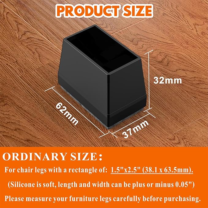 Rectangle Chair Leg Protectors for Hardwood Floors,16 PCS Silicone Covers to Protect Wood Tile Floors Felt Pads Furniture Leg Caps Reduce Noise. Easy to Move.(Black,1.5 x 2.5,Rectangular)