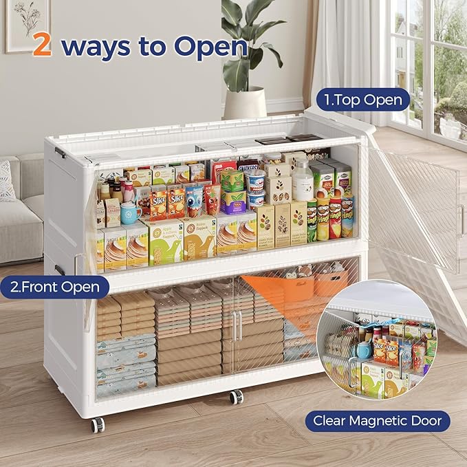 200GAL Extra Large Storage Bins with Lid, 800QT Collapsible Organizer with Wheels, Stackable Closet Cabinet with Doors, Folding Storage Containers for Home, Office, Dorm, 4Pack White