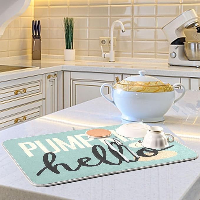 Hello Pumpkin Turquoise Fall Dish Drying Mat for Kitchen Countertop 18x24 Aqua Teal Autumn Large Drying Mat Reusable Quick Dry Dish Sink Mats Easy Clean Decorative Essentials