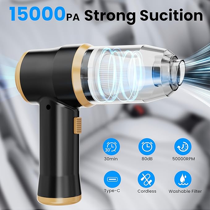 Mini Car Vacuum 15000Pa Portable Cordless Handheld Vacuum Cleaner and Air Duster with 2 Filter for Car, Sofa, Office, Pet, Home